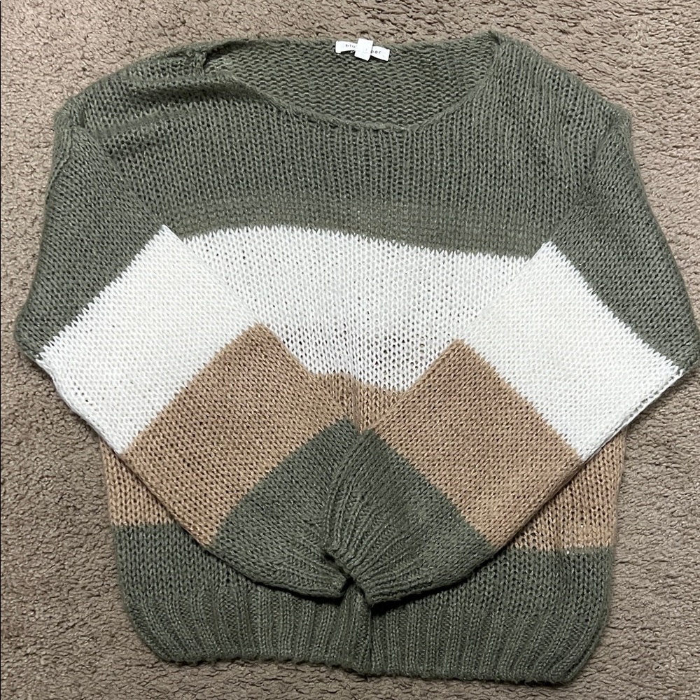 Colorblock Knit Sweater - Green, White, and Tan